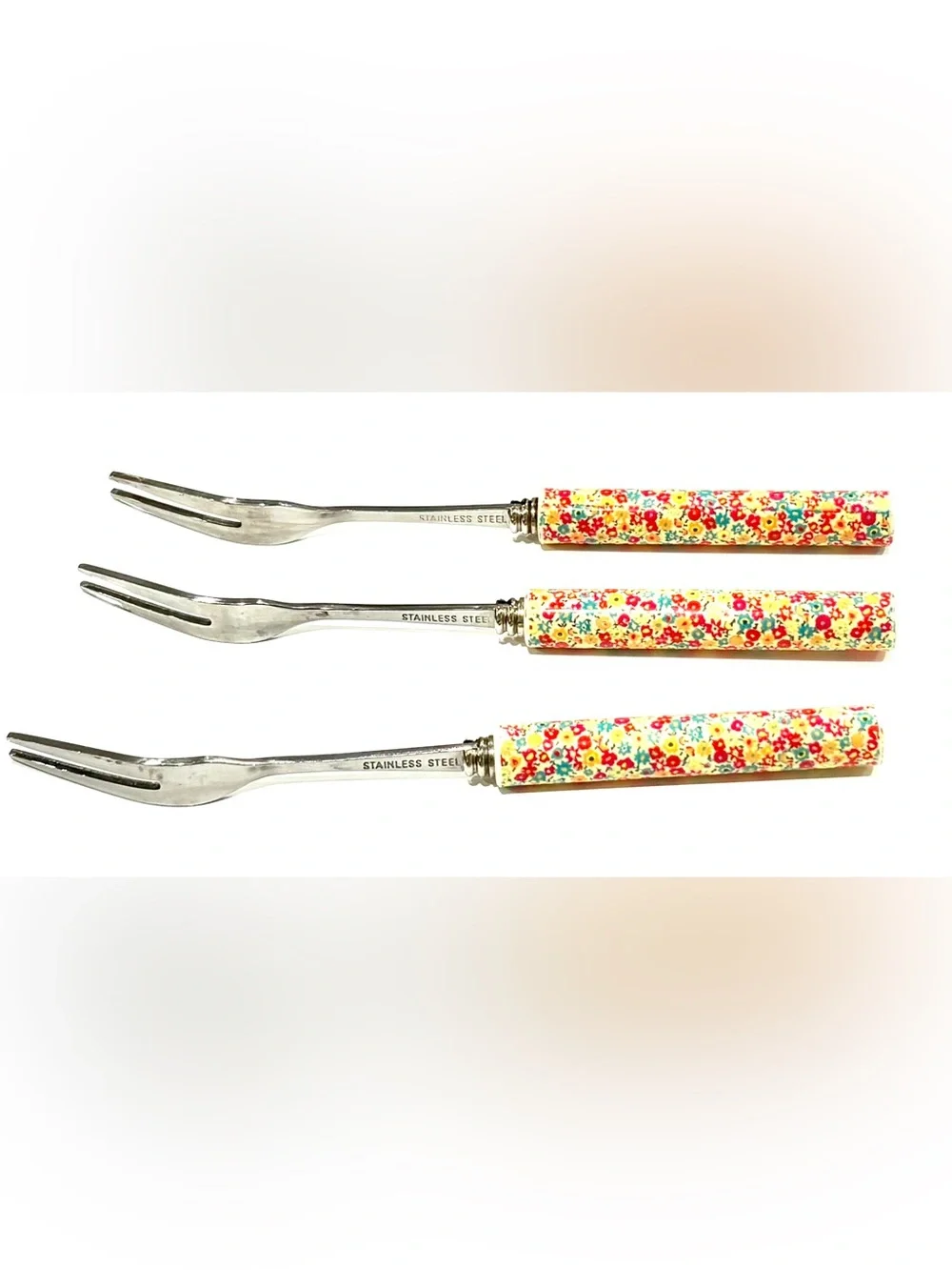 Vintage Set of 3 Sturdy, 6” Long Stainless Steel Floral Handled Appetizers Forks